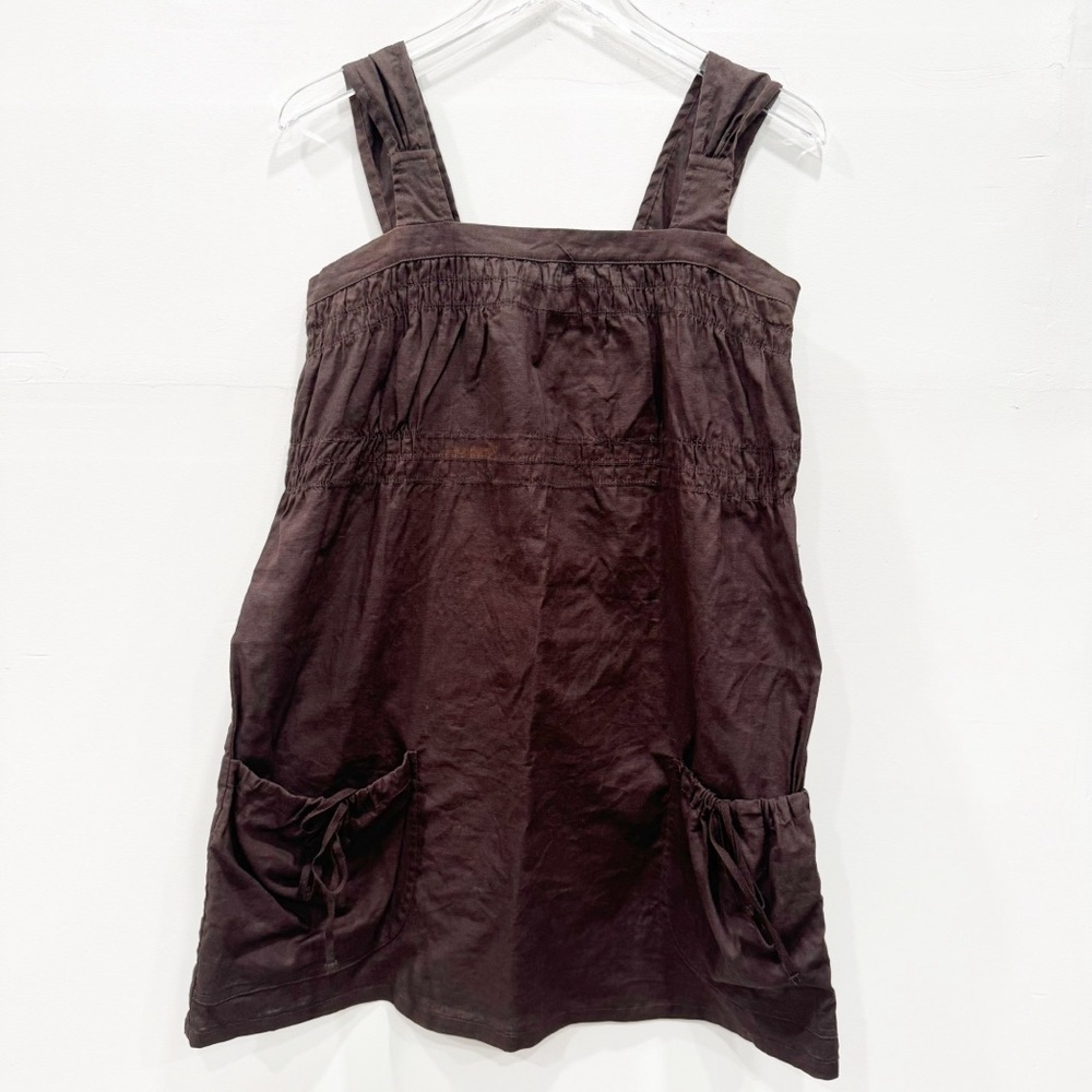 XCVI Ruched Pocket Cotton Linen Brown Mini Dress Medium